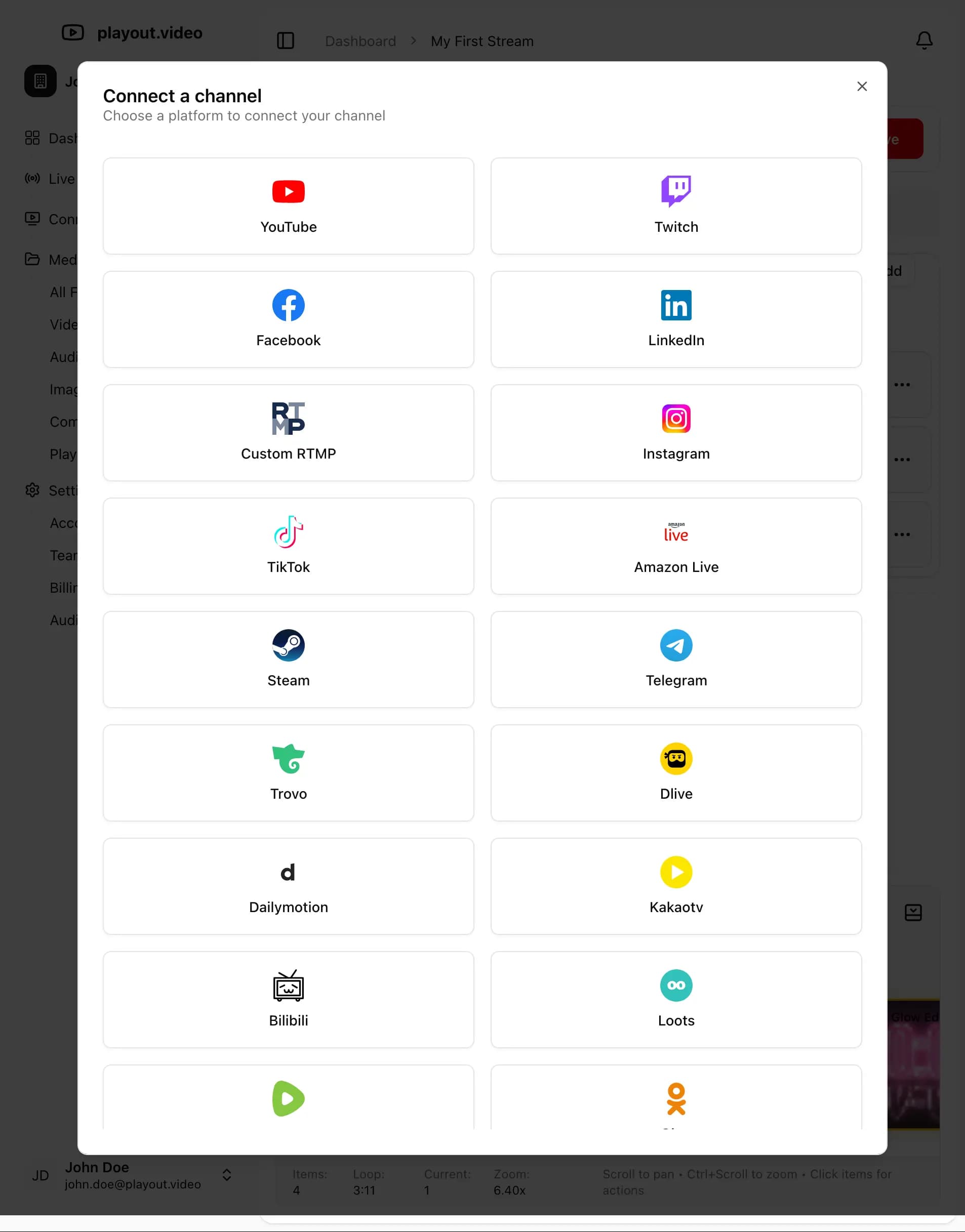 Multistreaming destinations panel showing connected platforms